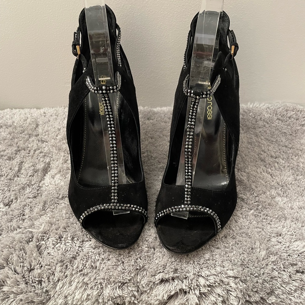 Sergio Rossi Crystal-embellished black suede sandals! Size 7.5